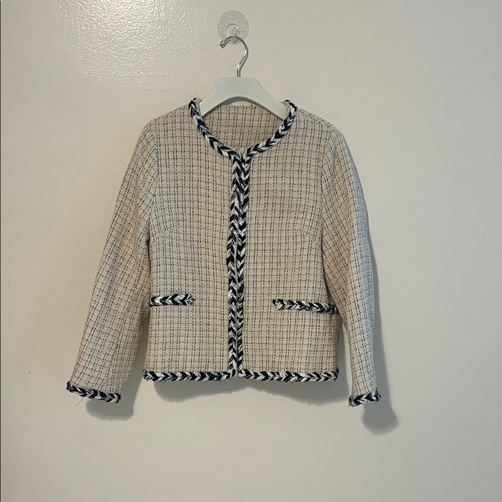 SHEIN Beige Tweed Blazer with Black Accents